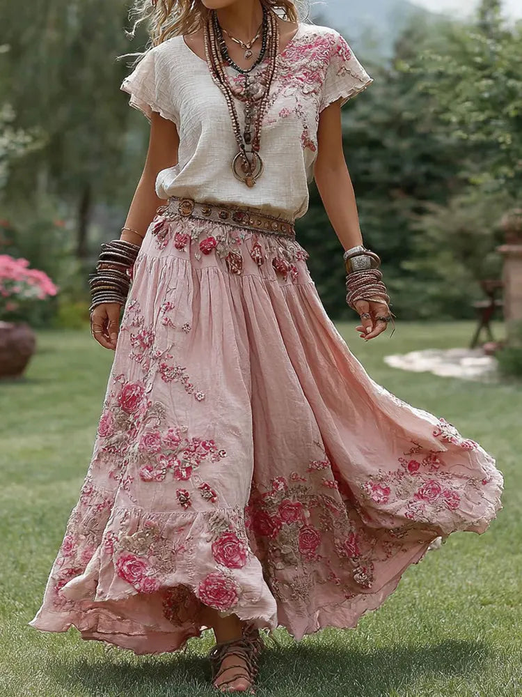 Women's Vintage Pink Rose Floral Skirt