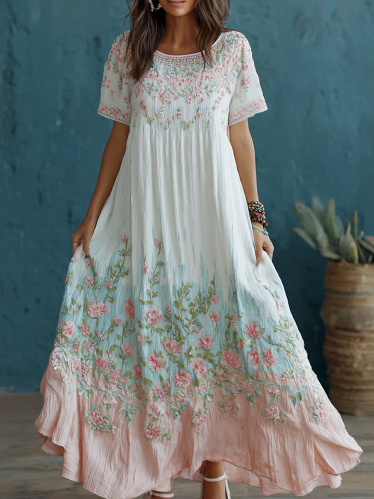 Women's Floral Art Embroidery Round Neck Short Sleeve Cotton Linen Long Dress