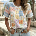 Women's Colorful Floral Art Embroidery Patchwork Linen Blend Round Neck Short Sleeve Top