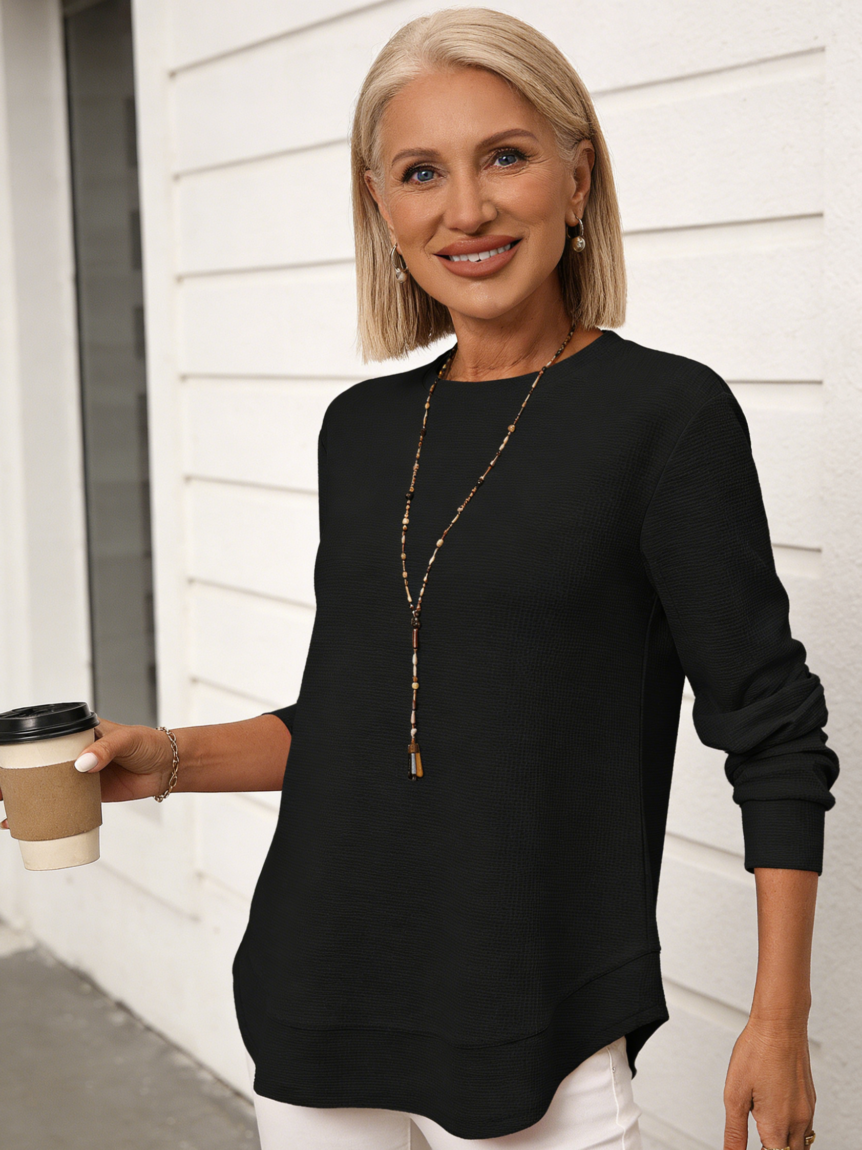 Waffle Casual Versatile T-Shirt Knitted Long Sleeve