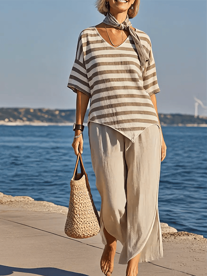 Women'S Loose Slit Contrast Striped Pants Set