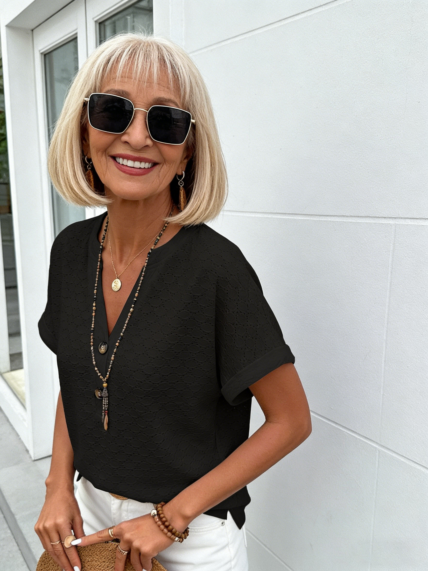 Casual Solid Color Button-down V-neck T-shirt Women's Short Sleeves