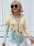 Casual Crew Neck Long Sleeve Pullover Printing Multi-Color Women's T-Shirt Splicing Lace