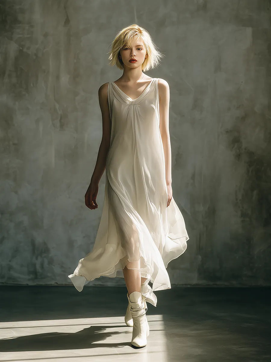 Women's Minimalist & Elegant Casual Off-White Chiffon Layered Sleeveless Midi Dress MDZ2799D6ZJW