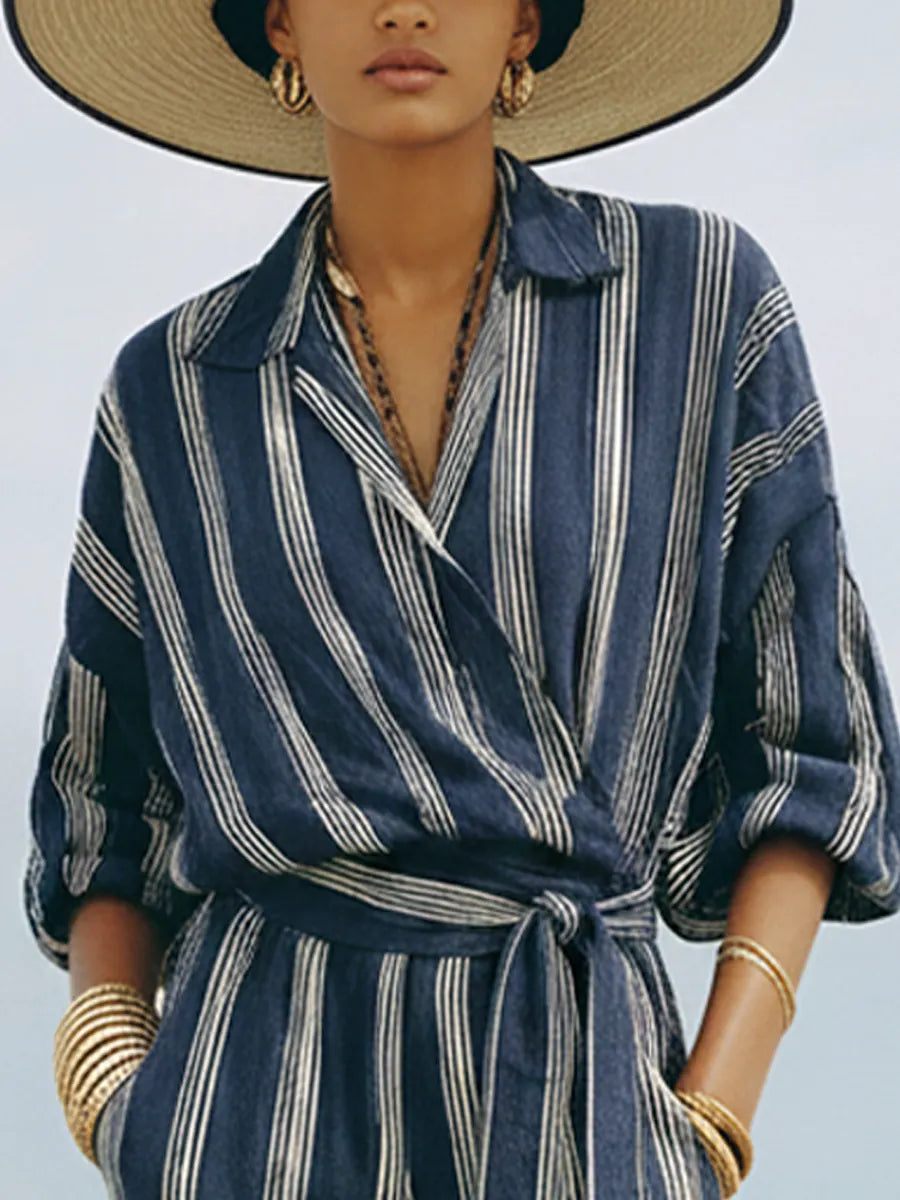 Women's Vacation Navy Blue Linen-Cotton Striped Collared Waisted Cuffed Jumpsuit MDZ2100D5GMJ