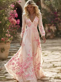 Vintage Cherry Blossom Embroidery Art Flowy Linen Maxi Dress
