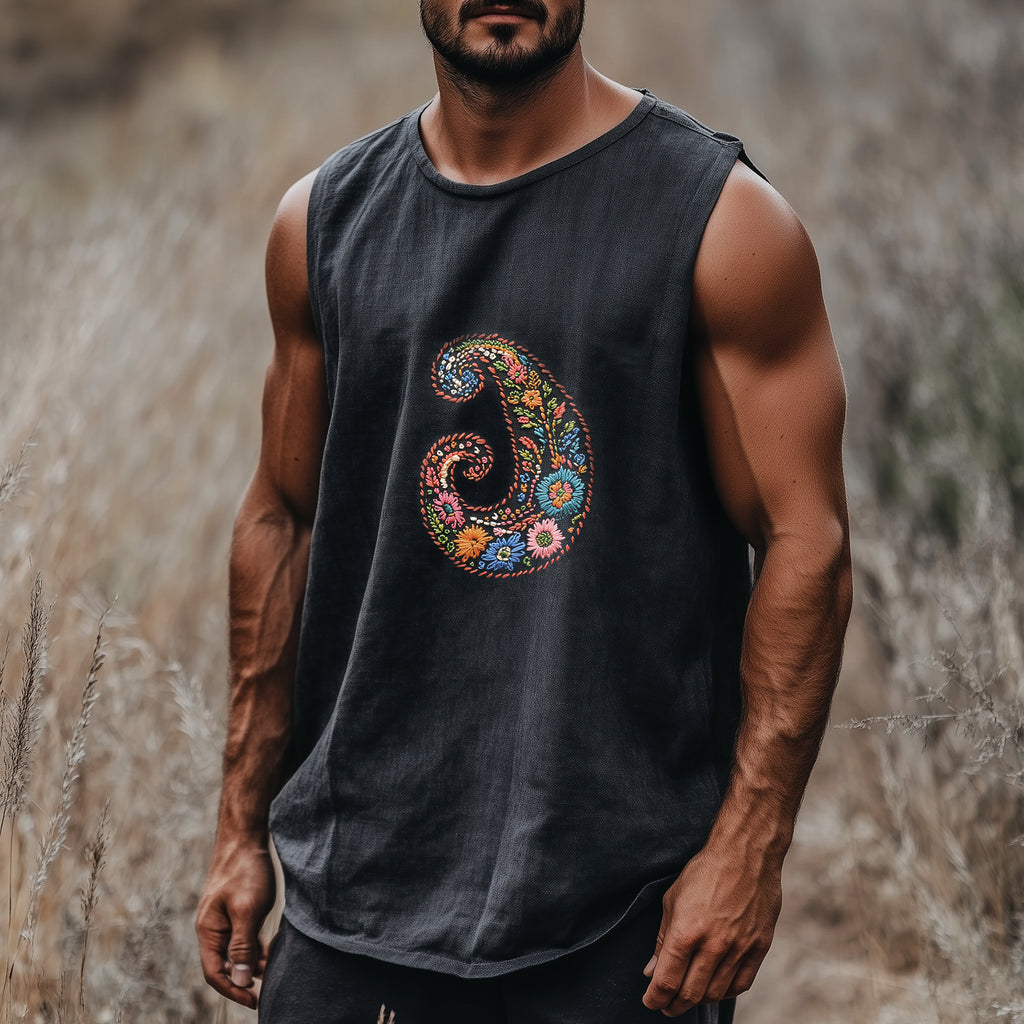 Men's Casual Retro Cotton And Linen Embroidered Vest Tops