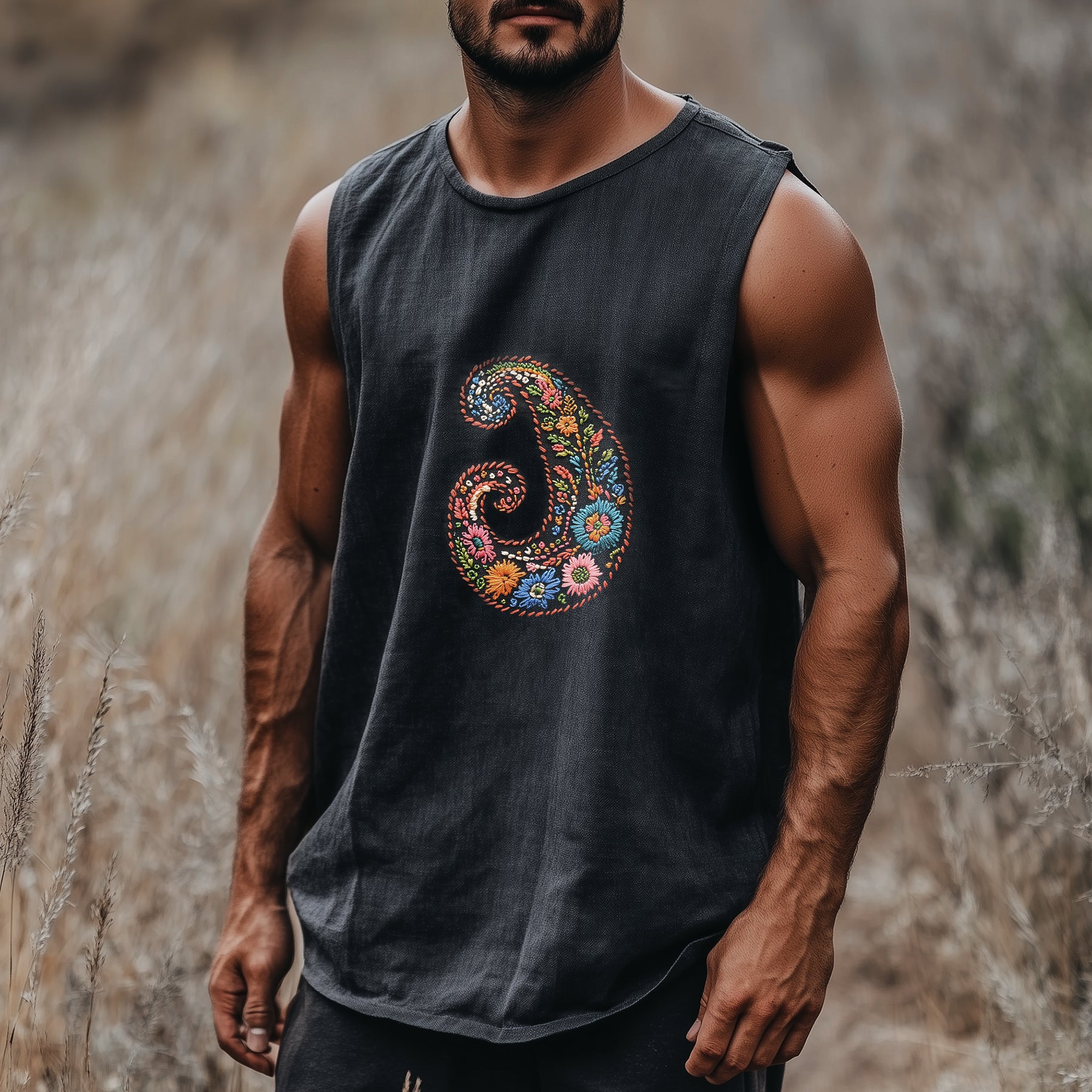 Men's Casual Retro Cotton And Linen Embroidered Vest Tops