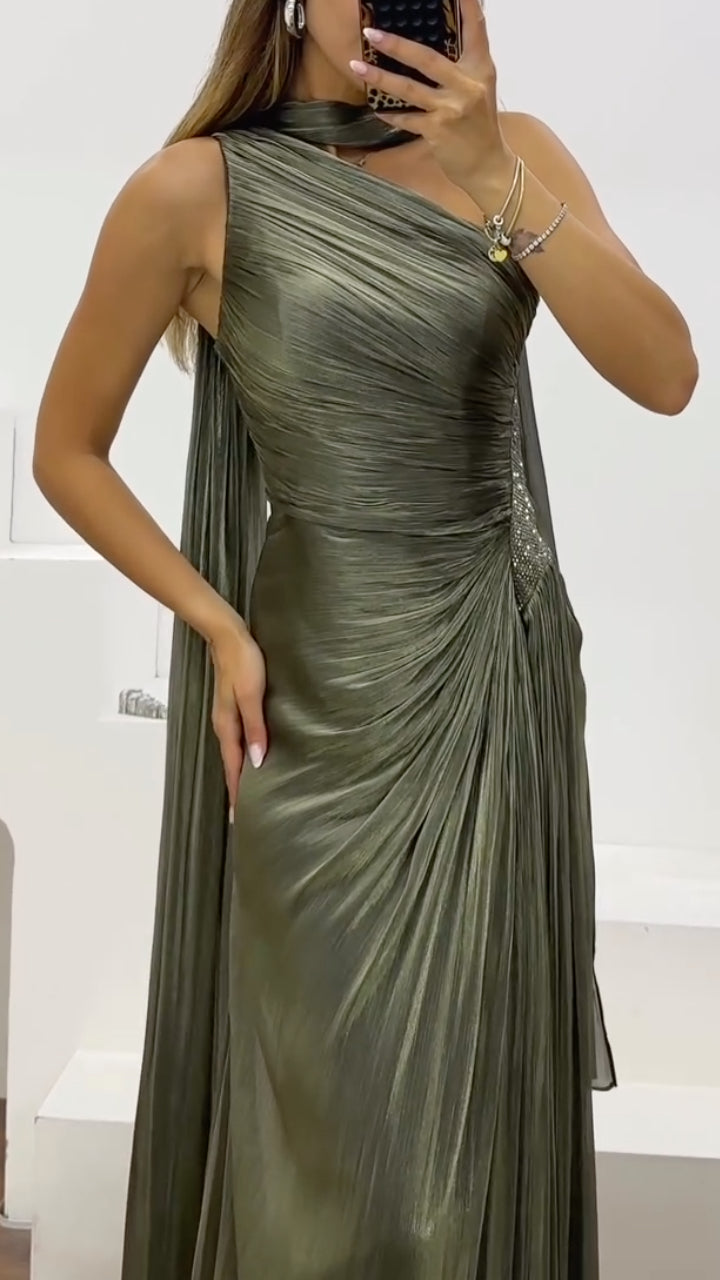 Draped Satin Maxi Evening Dress