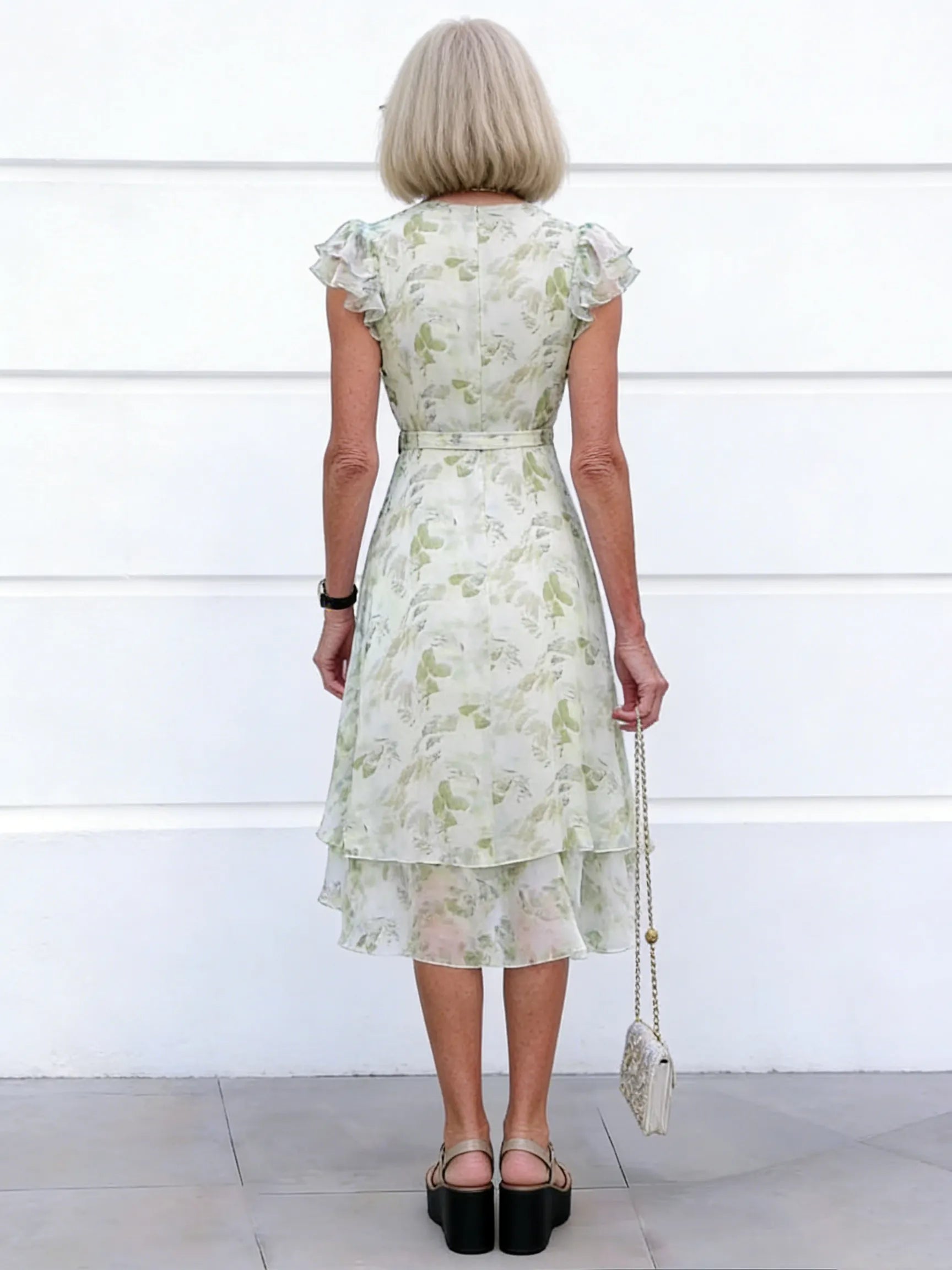 Light Green Floral Chiffon Midi Dress, V-Neck Ruffle Cap Sleeve Slimming Tiered Cake Dress for Mature Women