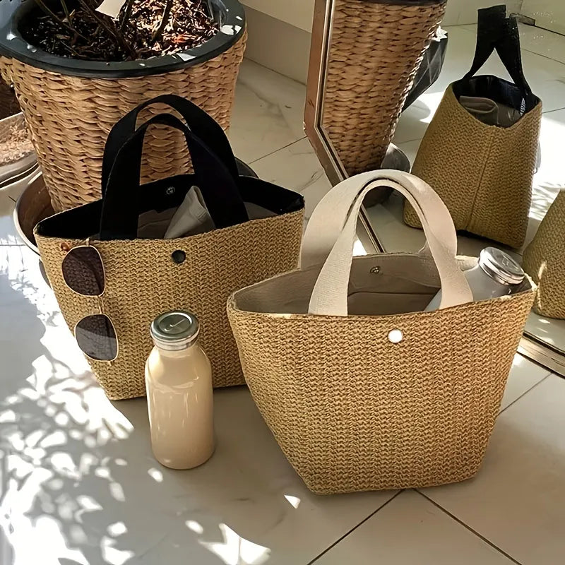 Vintage Straw Woven Handbags, Boho Style Summer Beach Bag, Women's Braided Tote Bag For Travel Picnic
