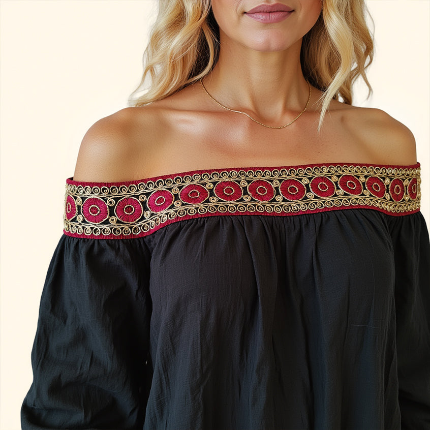 Women's Casual Ethnic Retro Embroidered Off-shoulder Long-sleeved Shirt