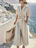 Women's Summer Cotton&Linen Cross Pleated Lace-Up Suit