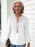 V-neck Lace Paneled Long Sleeve Casual Shirt Blouse