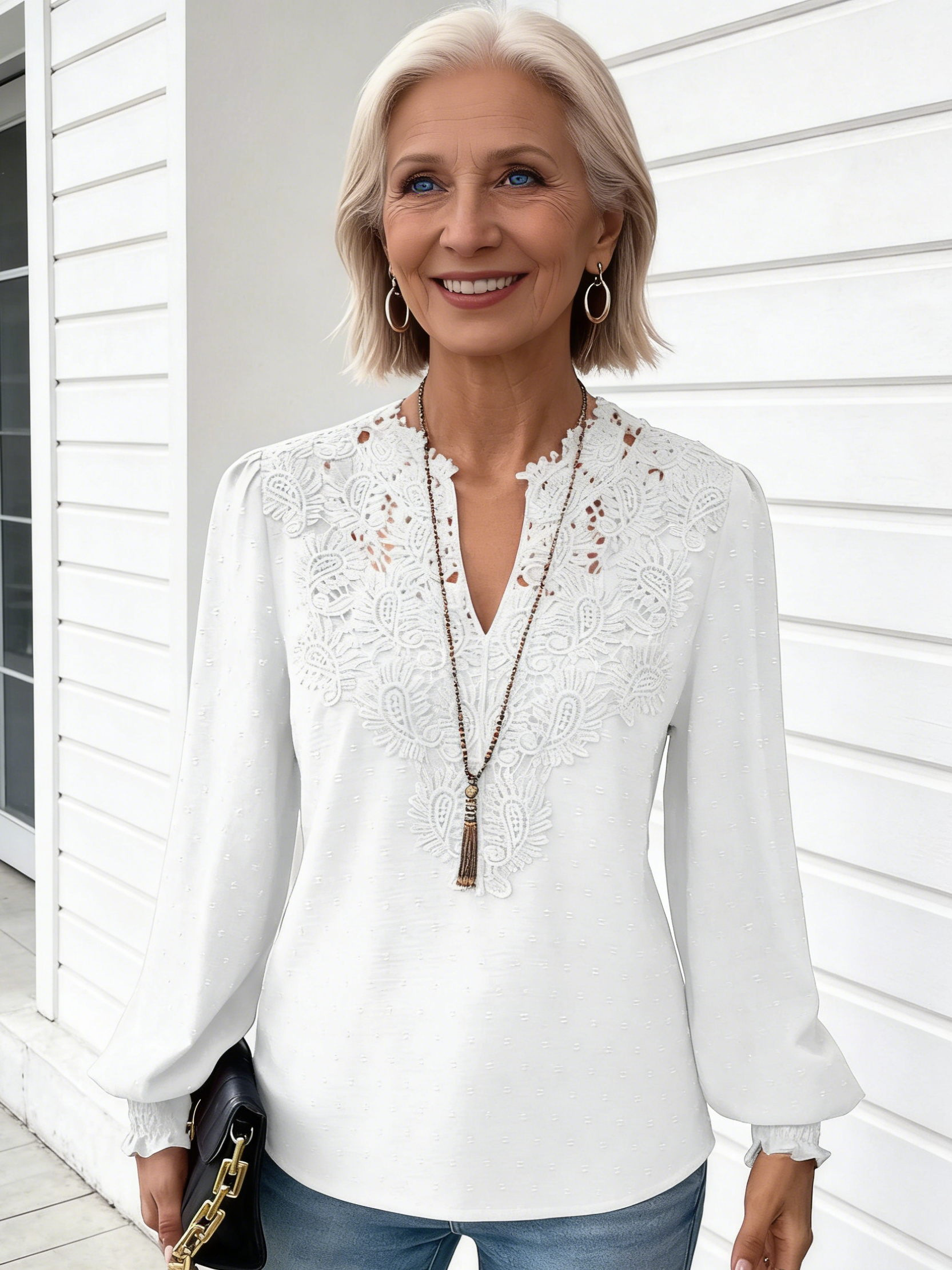 V-neck Lace Paneled Long Sleeve Casual Shirt Blouse