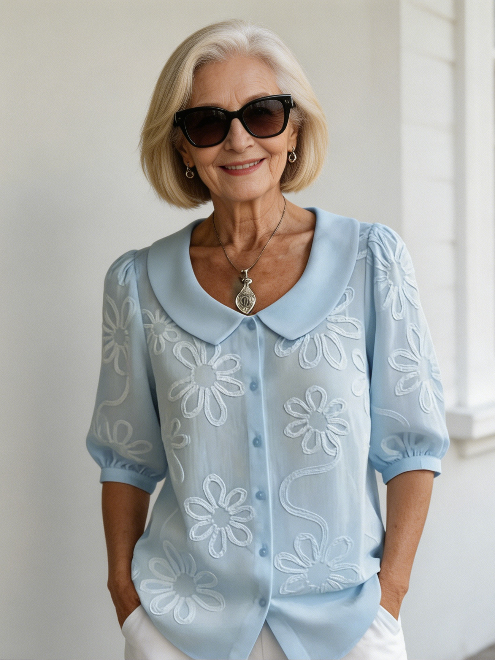 Loose Casual Vintage Button Embroidered Floral Medium Sleeve Shirt