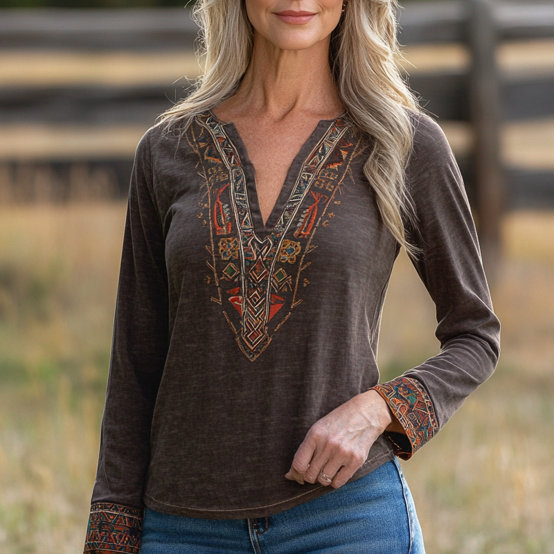 Women's Vintage Linen Elegant Bohemian Embroidered V-neck Tops