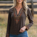 Women's Vintage Linen Elegant Bohemian Embroidered V-neck Tops