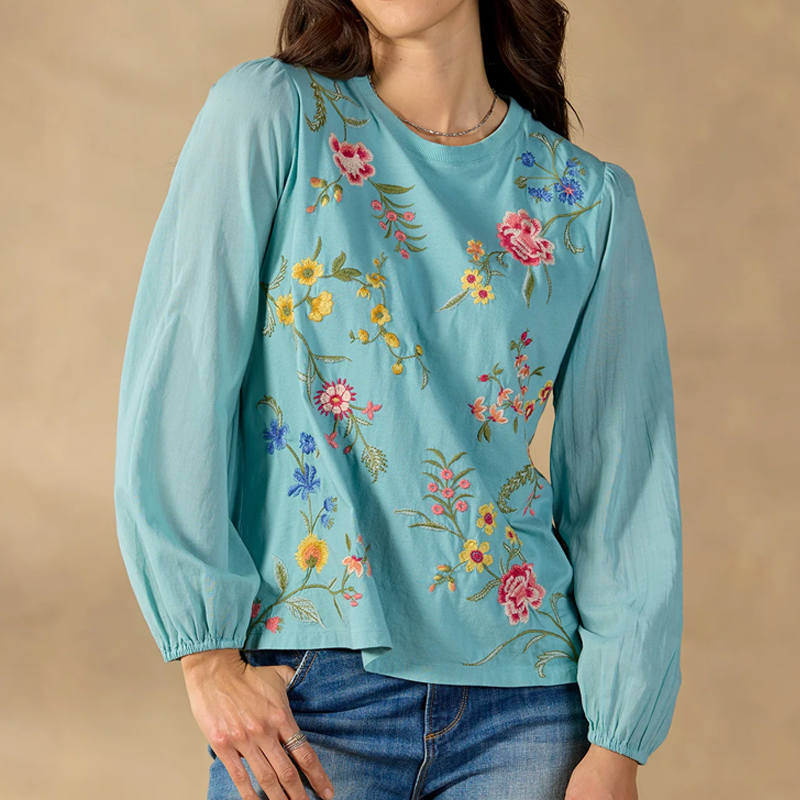 Women's Retro Flower Embroidery Button Round Neck Long Sleeved Shirt