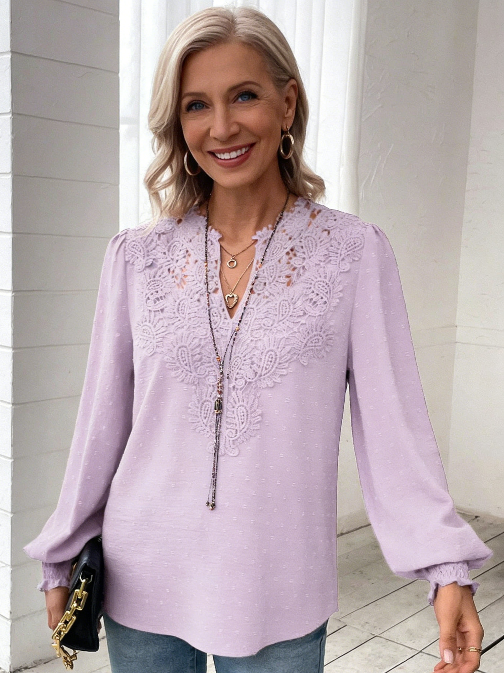 V-neck Lace Paneled Long Sleeve Casual Shirt Blouse