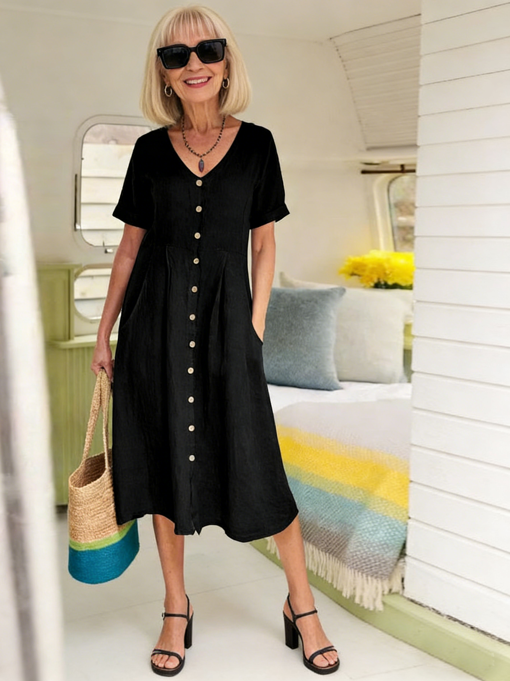 Solid Color Loose High Waist Cotton and Linen Dress