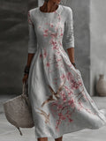 Japanese Plum Blossom Art Embroidered Casual Linen Maxi Dress