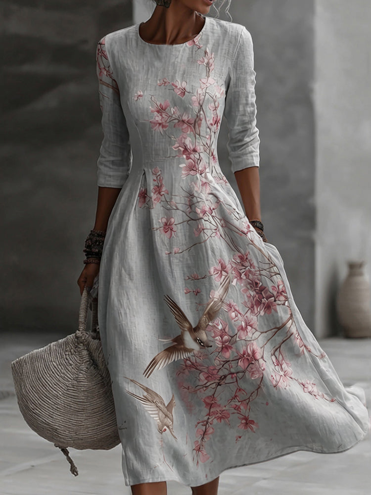 Japanese Plum Blossom Art Embroidered Casual Linen Maxi Dress