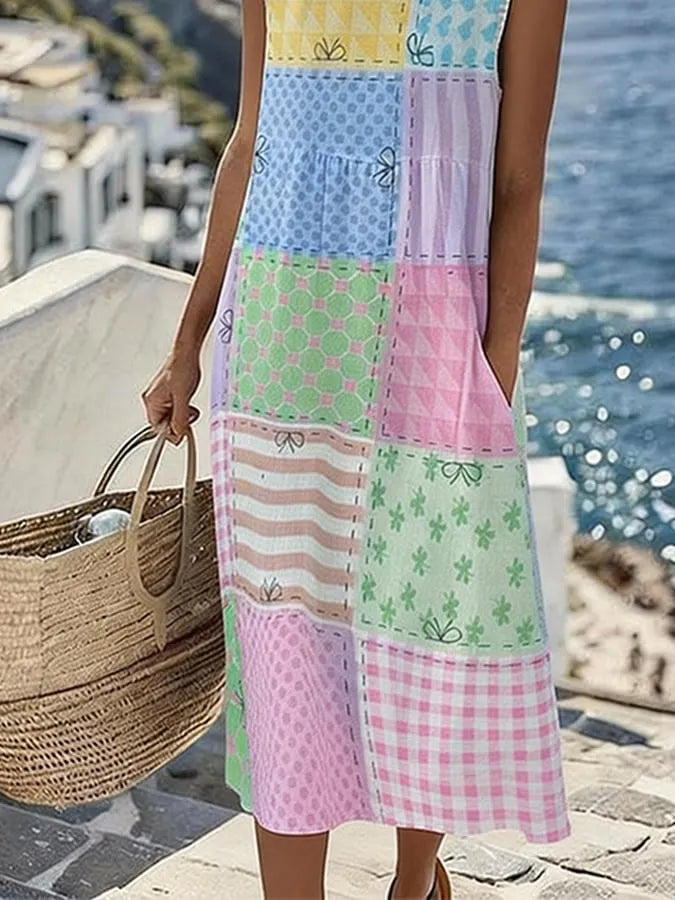 Women'S Round Neck Sleeveless Color-Block Printed Dress