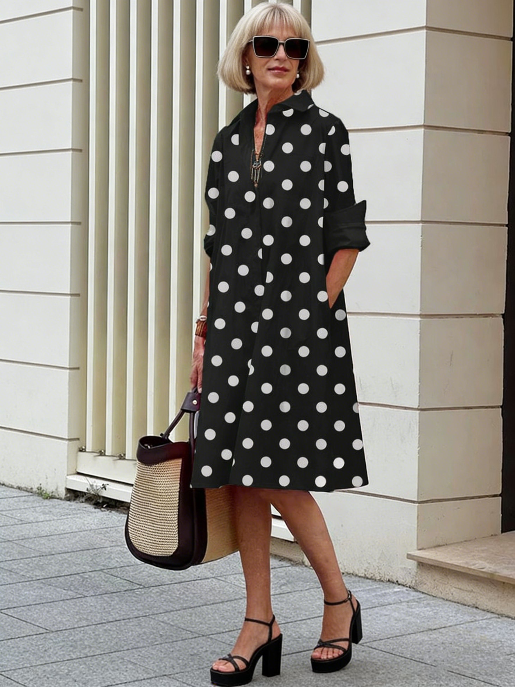Holiday Bohemian Maxi DressDot Printed Mid-Length Long Sleeve Shirt Dress for Women