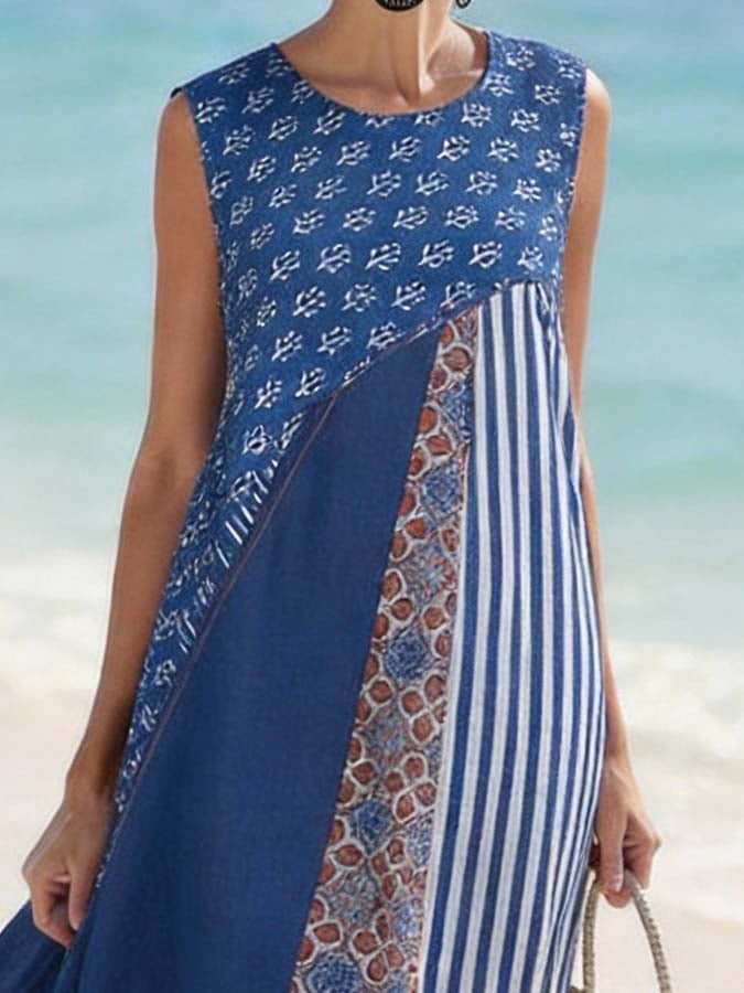 Women'S Round Neck Sleeveless Color-Block Printed Dress