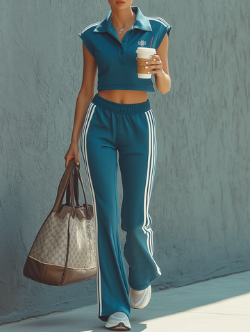 Women's Sporty-Casual Set: Sleeveless Collared Cropped Sweatshirt & Flared Pants MDZ1606D7Y