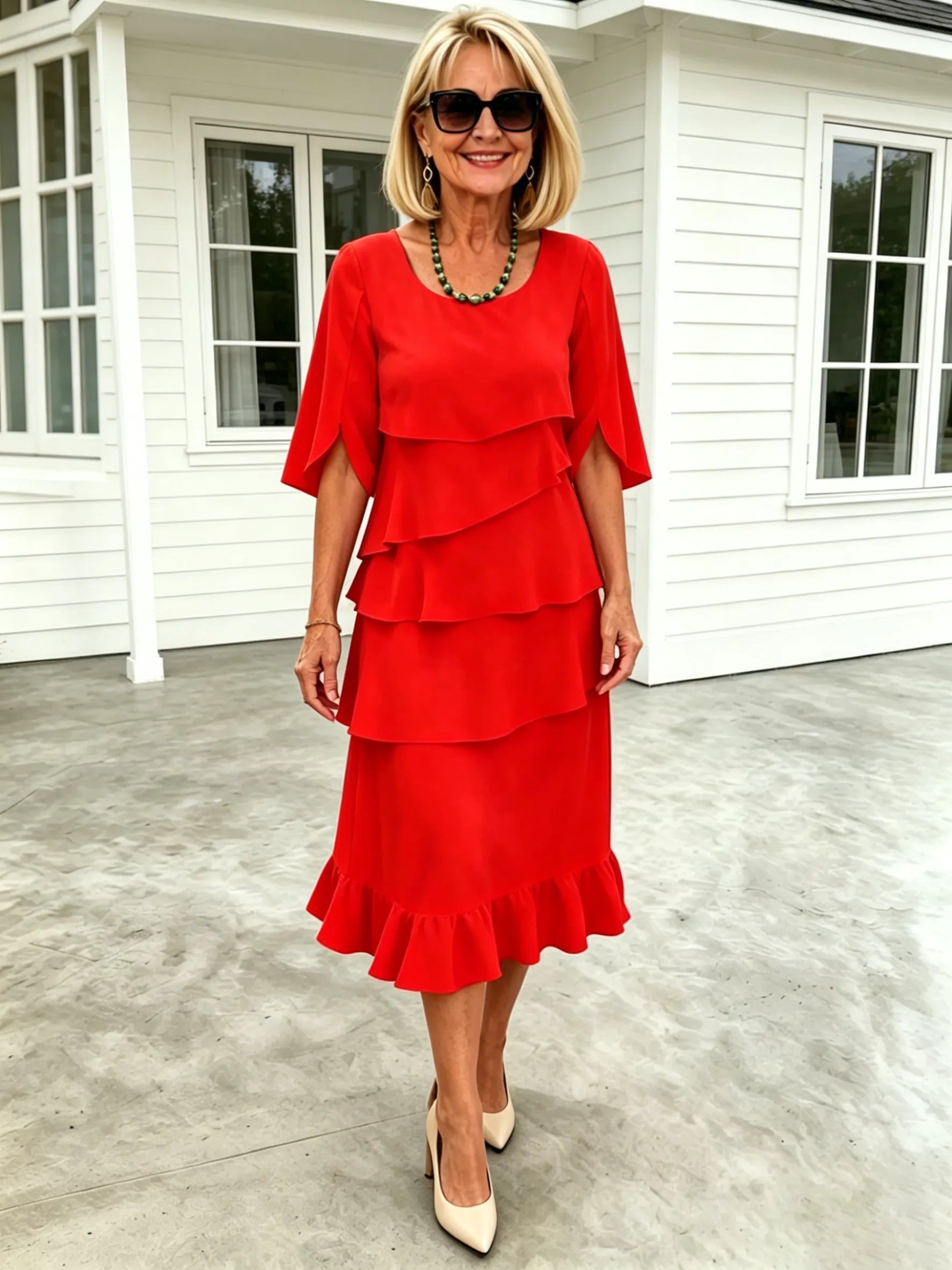 (Length end to the knee)Black Dress Style Fashion Solid Color Round Neck Cake Skirt Splicing Dress Women's Clothing