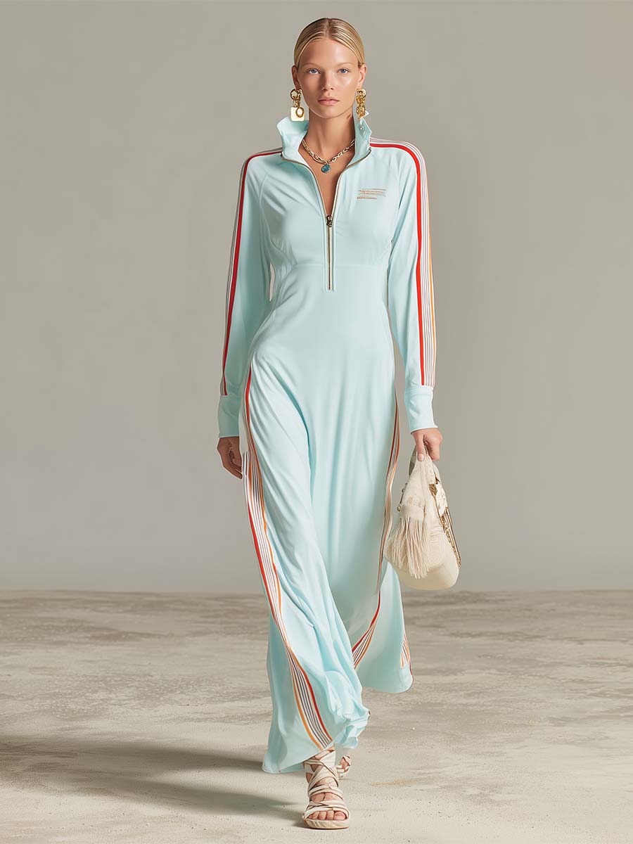 Retro Sporty Ice-Blue Half-Zip Stand-Collar Racing-Stripe Long-Sleeve Maxi Dress