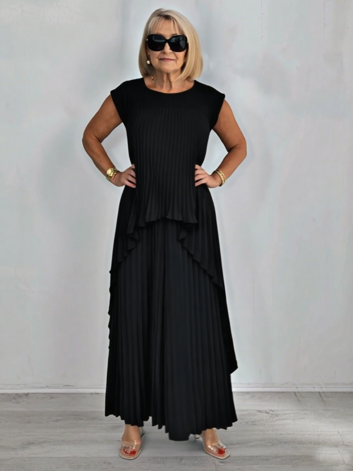 2Pcs Crew Neck Solid Color Sleeve Top Pleated Straight Pants Set Two-piece Set