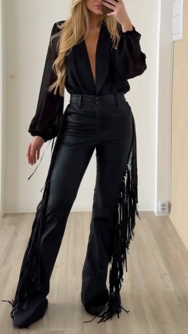 Black Fringe Faux Leather Flare Pants