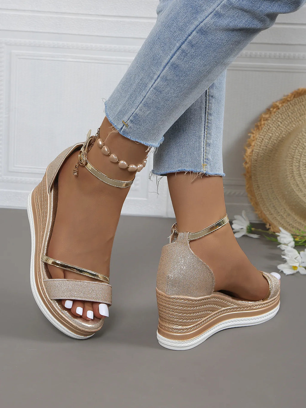 Wedge Heel Sandals Platform-soled Fish Mouth One-word Buckle with Rhinestone Bag and Muffin Women's Sandals