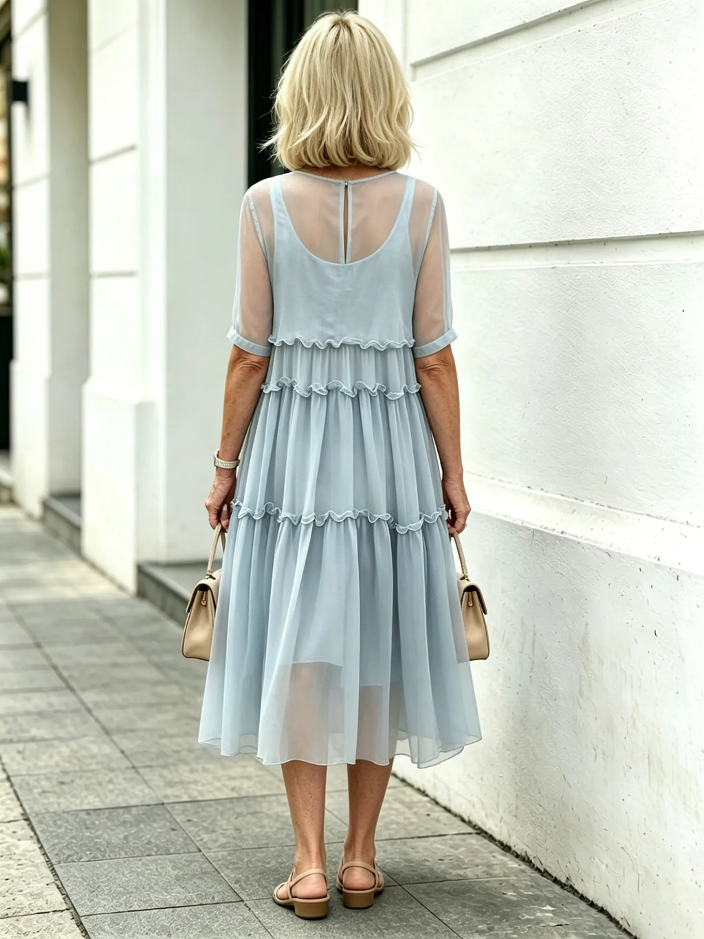 Light Blue Tiered Ruffle Chiffon Midi Dress, Round Neck Flutter Short Sleeve Loose Plus Size Elegant Women Dress