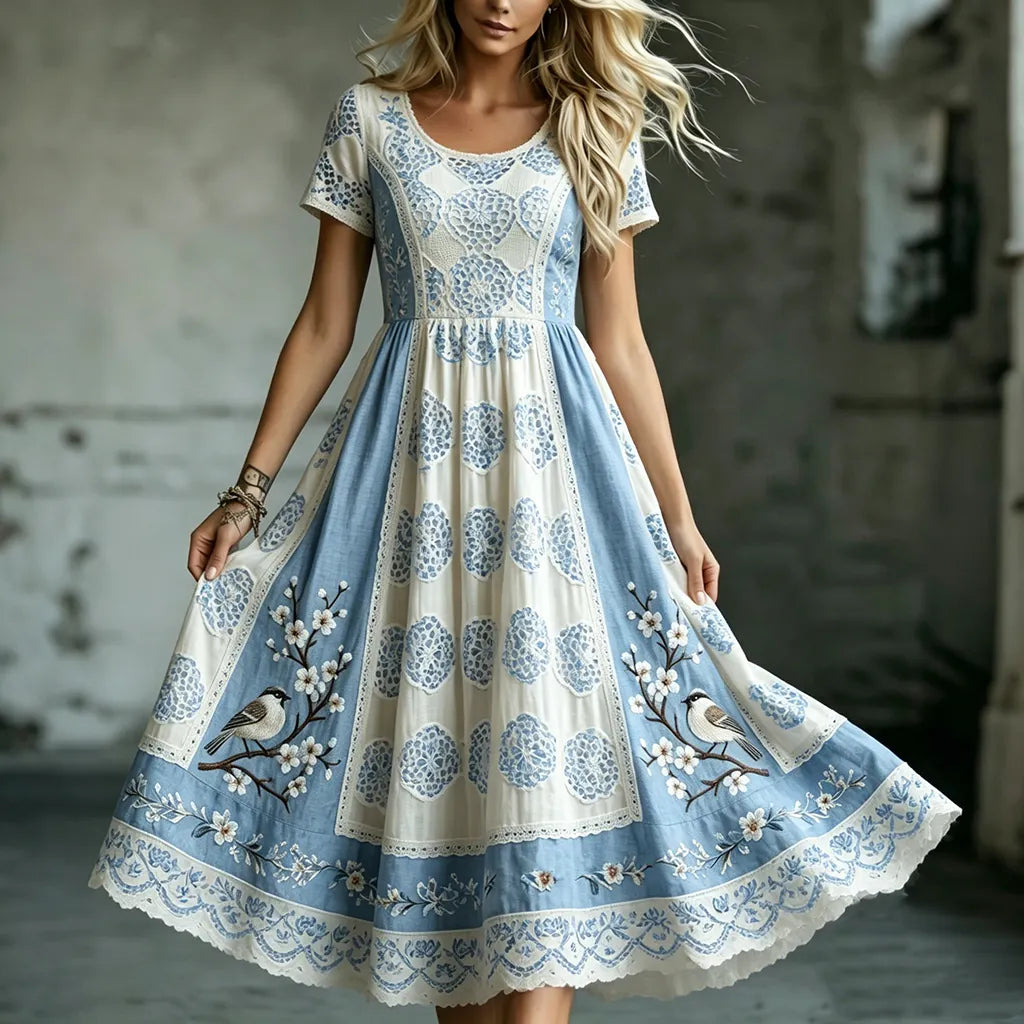 Women's Retro Japanese Cherry Blossom And Bird Patchwork Artistic Casual Dress