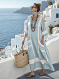 Women'S V-Neck Half Sleeve Striped Printed Cotton And Linen Dress