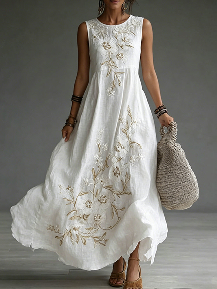 Japanese Floral Art Embroidered Casual Linen Sleeveless Maxi Dress