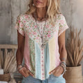 Women's Boho Floral Embroidered Patchwork Round Neck T-shirt