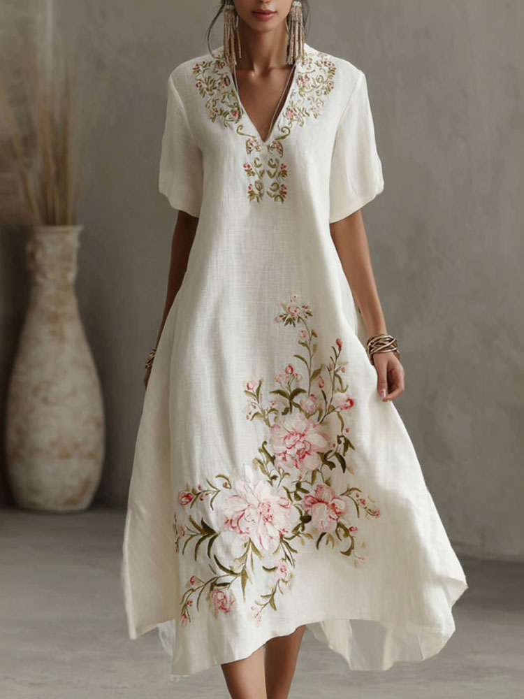 Women's Floral Art Print Linen Blend Casual Dress