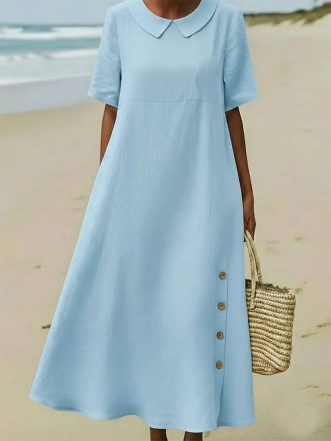 Women's Casual Collared Solid Color Short-Sleeved Loose Dress