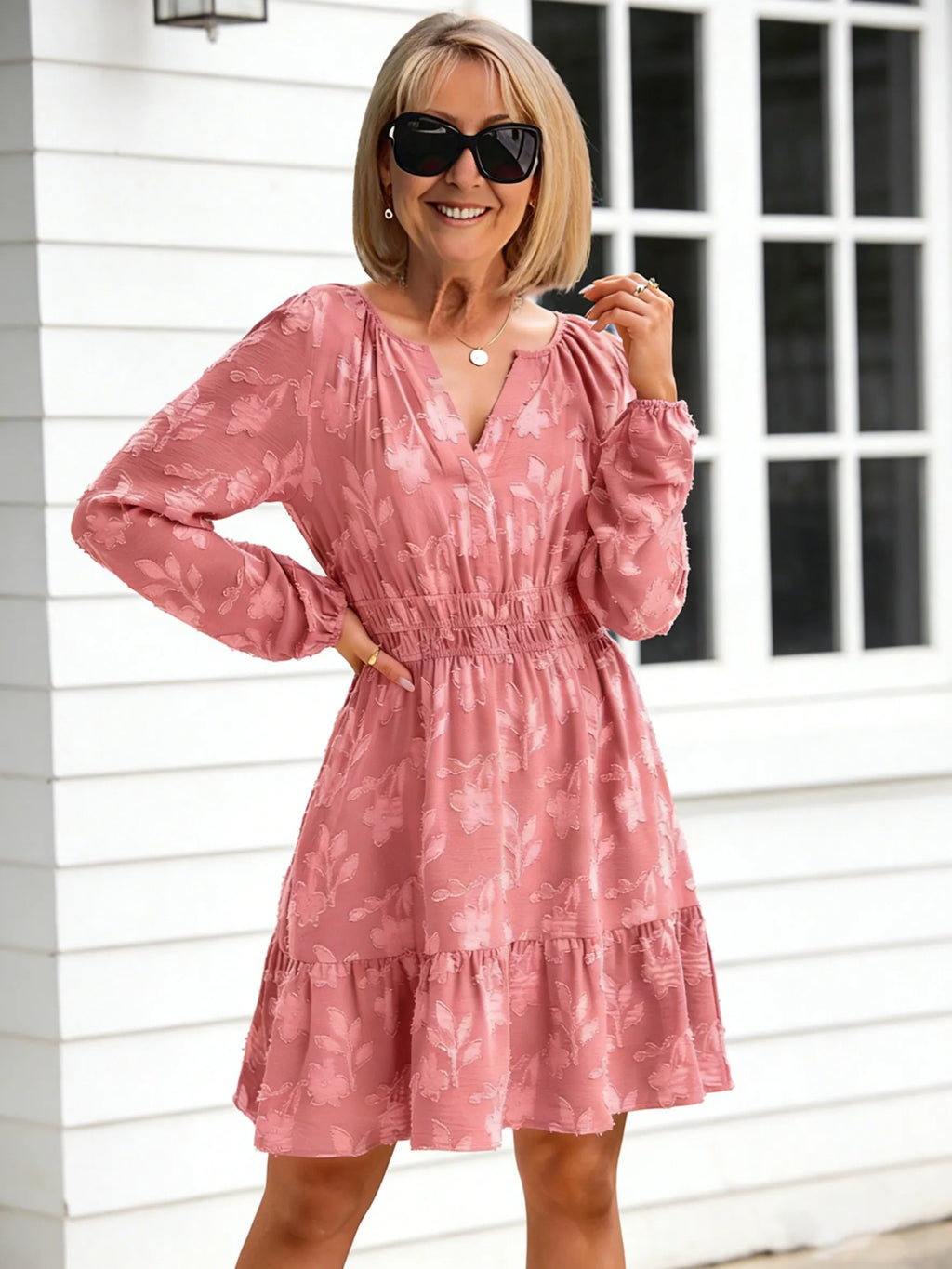 Jacquard V-neck Pullover Elastic Waist Pendulum Women's Long-sleeved Ruffle Edge Dress