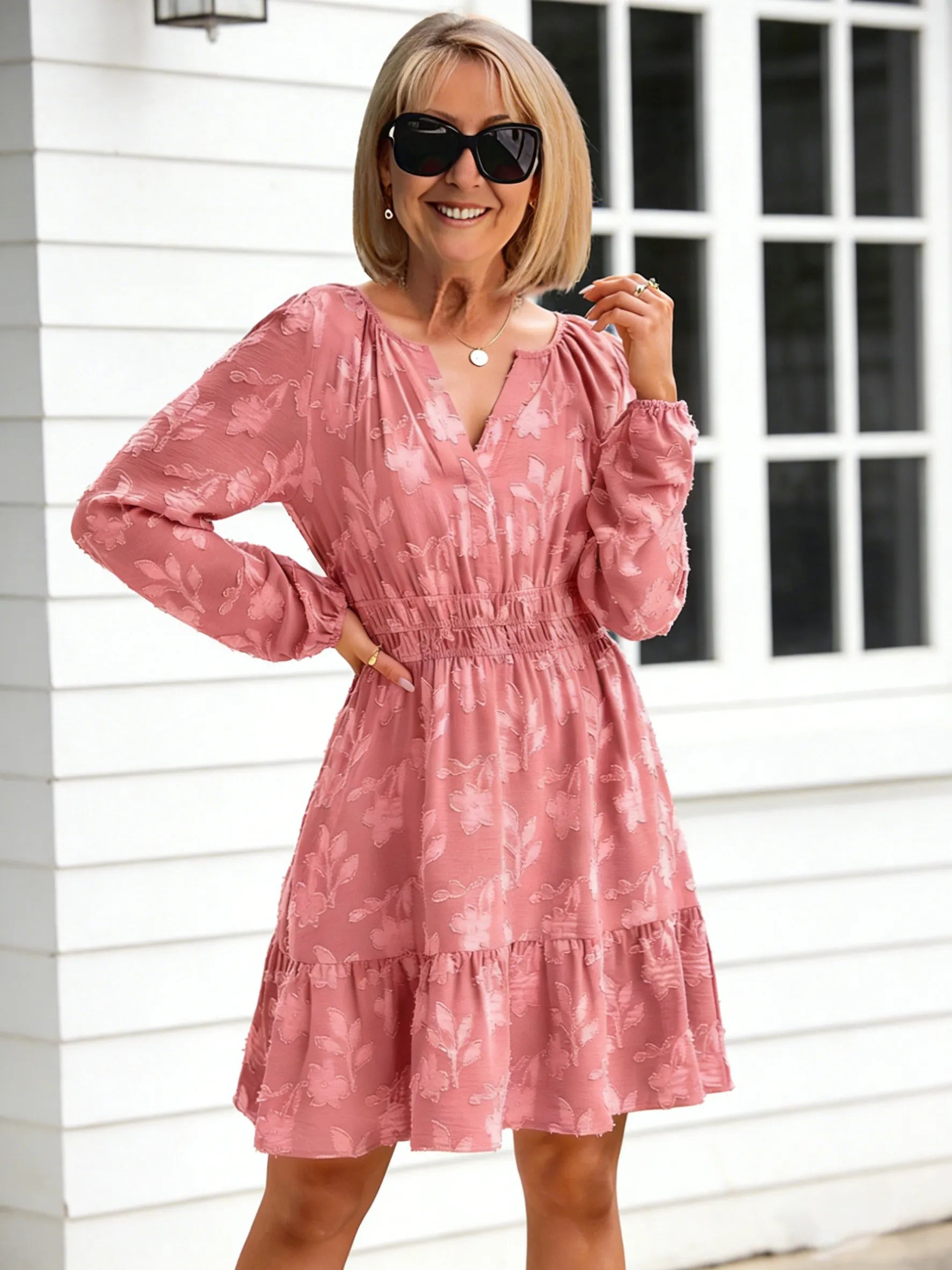 Jacquard V-neck Pullover Elastic Waist Pendulum Women's Long-sleeved Ruffle Edge Dress