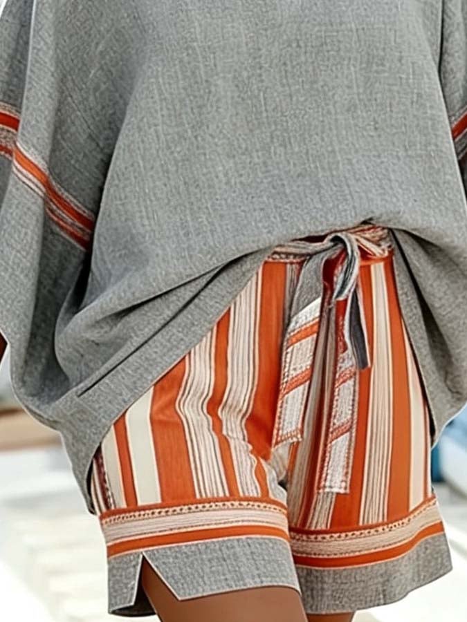 Women'S Loose Striped Holiday Shorts Set