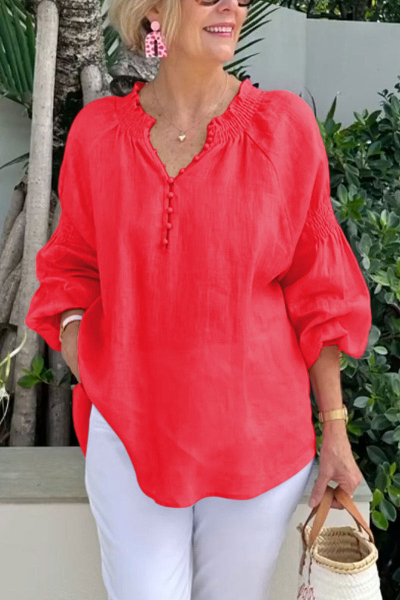 Casual V-neck Solid Color Cotton and Linen Long-sleeved Top