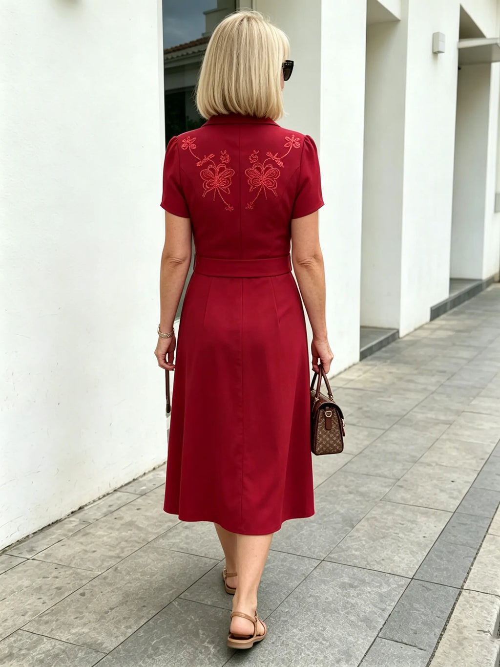 Brown Collared Sequin Embellished A-Line Midi Dress, Belted Waist Short Sleeve Elegant Dress for Mature Plus Size Women