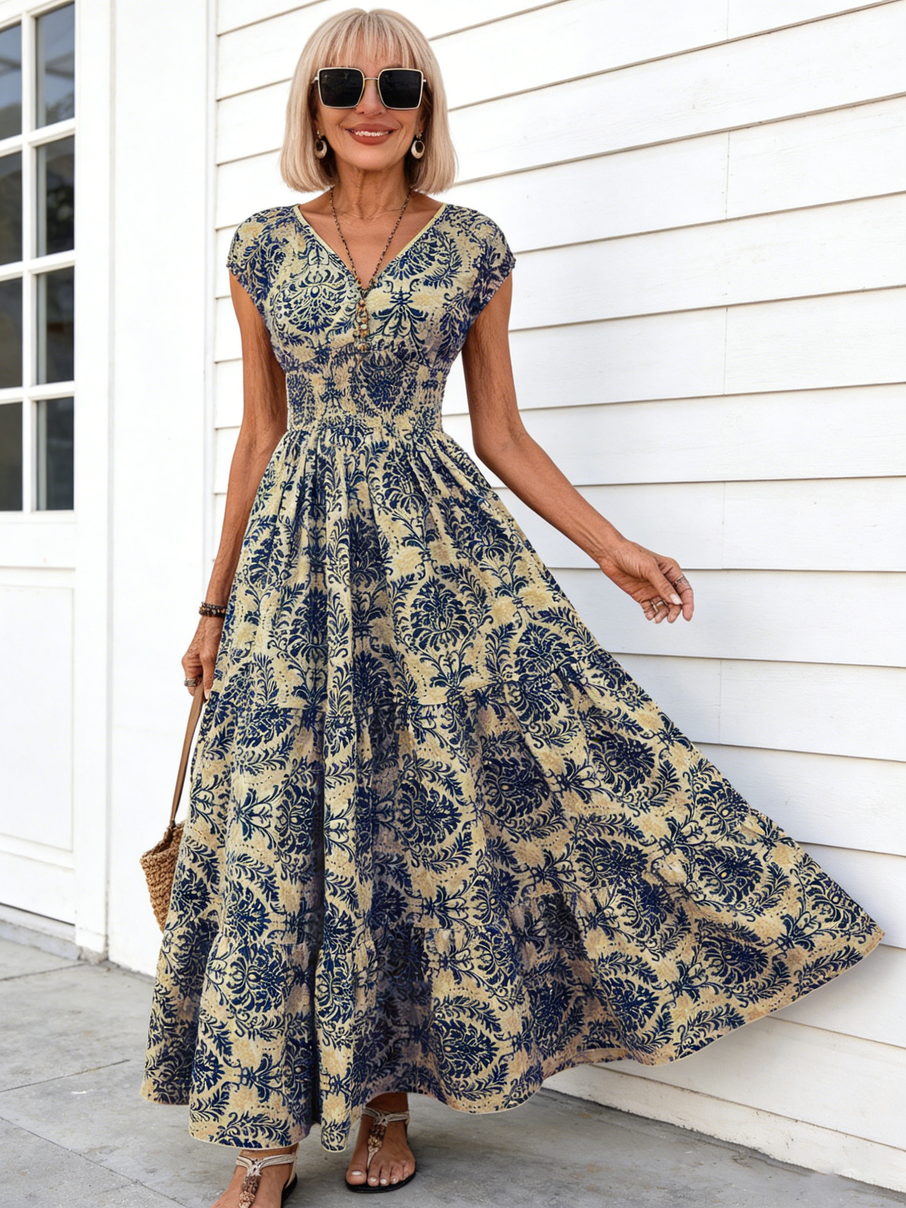 Vintage Print Dress Fashionable and Elegant V-neck Short-sleeved Dress Long Dress Women's Clothing
