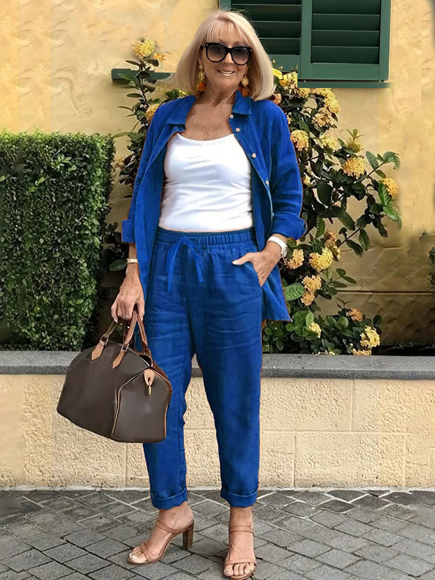 Long Sleeve Button Shirt &Minimalist Solid Two-piece Set
